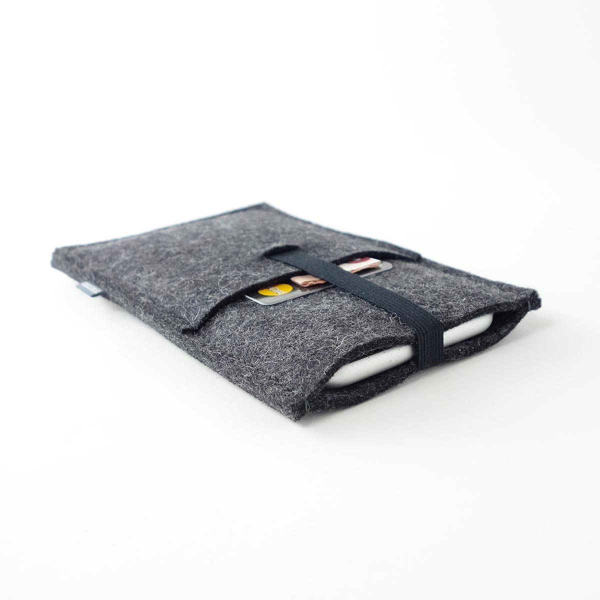 Handyhuelle iPhone Mit praktischem Einsteckfach Aus Wollfilz anthrazit Mit Gummiband Schwarz